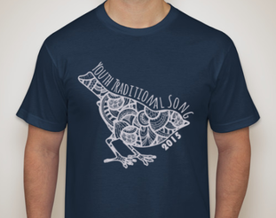 a stock image of a boxy-cut navy t-shirt with a white outline of a bird. the inside of the bird is filled with segments of paisley designs. The words youth traditional song 2015 surround the edge of the bird.