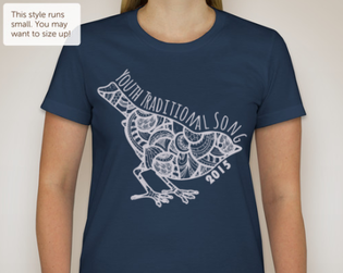a stock image of a curvy-cut navy t-shirt with a white outline of a bird. the inside of the bird is filled with segments of paisley designs. The words youth traditional song 2015 surround the edge of the bird.