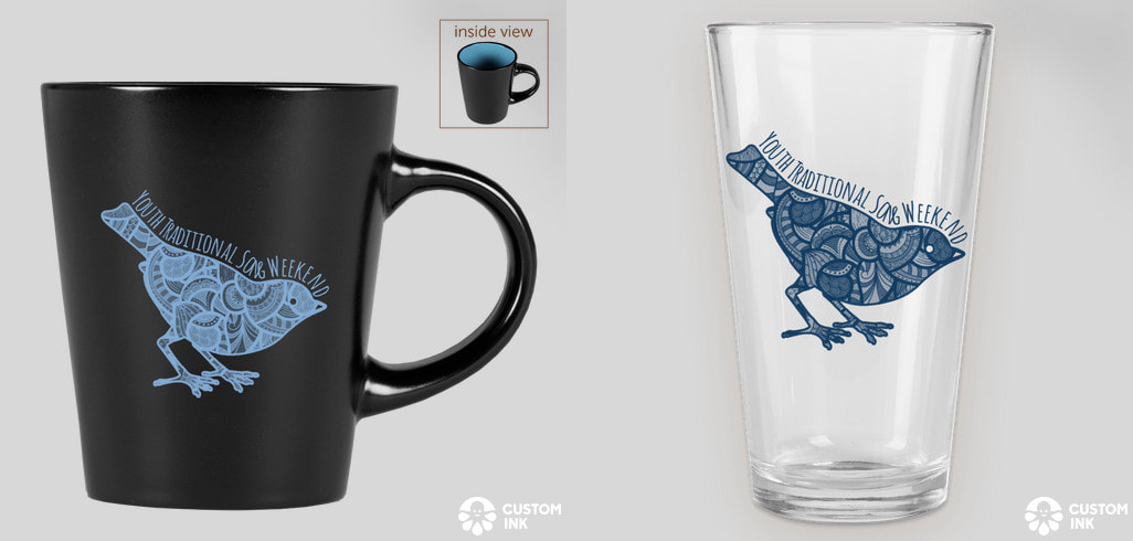 a black mug with a bright blue interior and a clear pint glass, each with the blue YTS bird logo printed on them